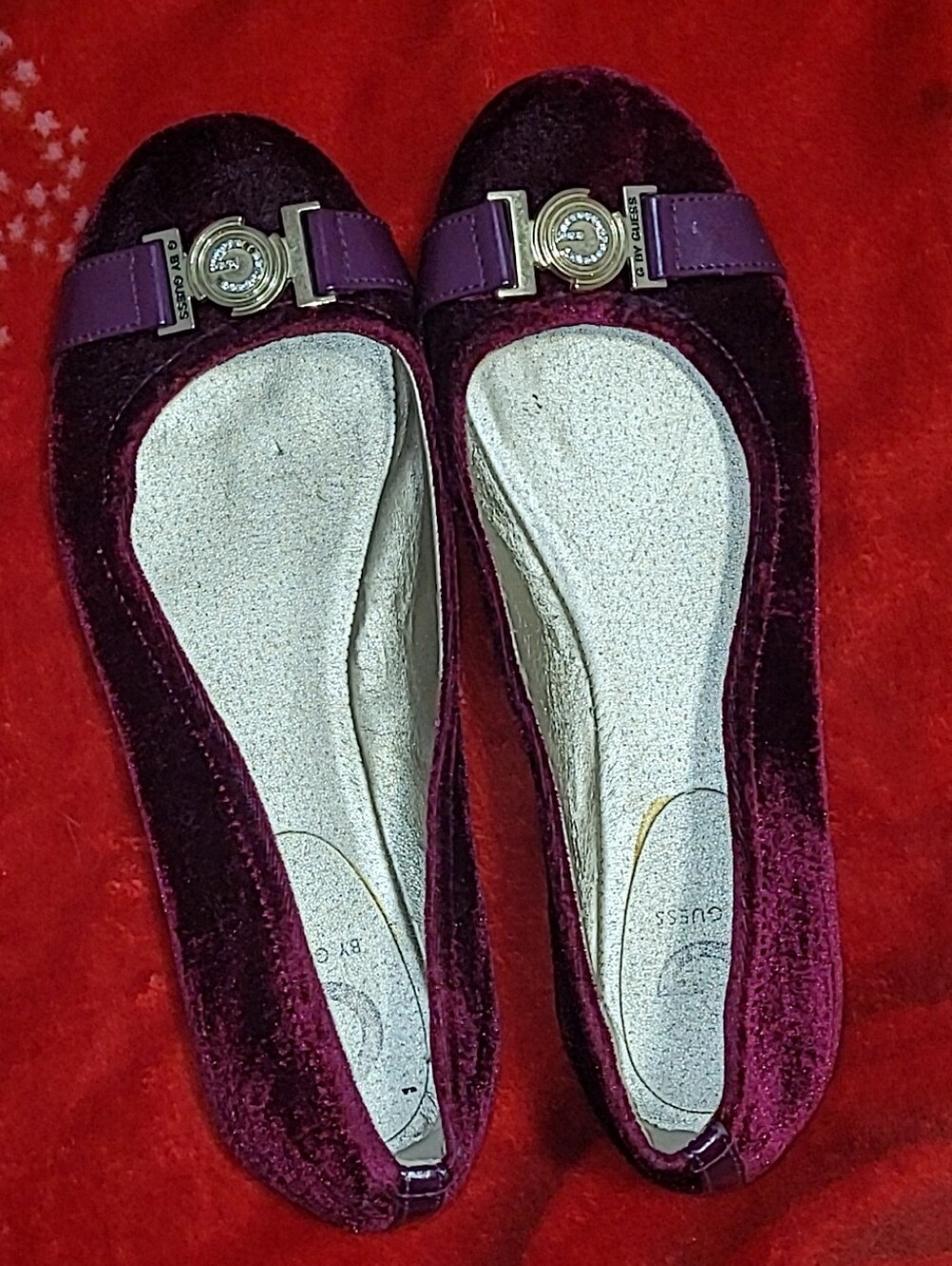 Y2k Guess Velvet Ballet Flats in Burgandy / Plum with Decorative Buckle